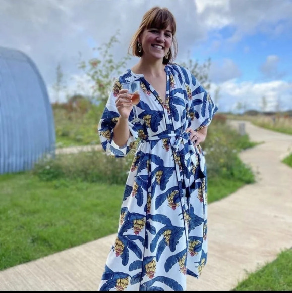 DESMOND & DEMPSEY H&M S Linen-Blend Kaftan Midi Belted Button Up Tropical Dress - Picture 12 of 16